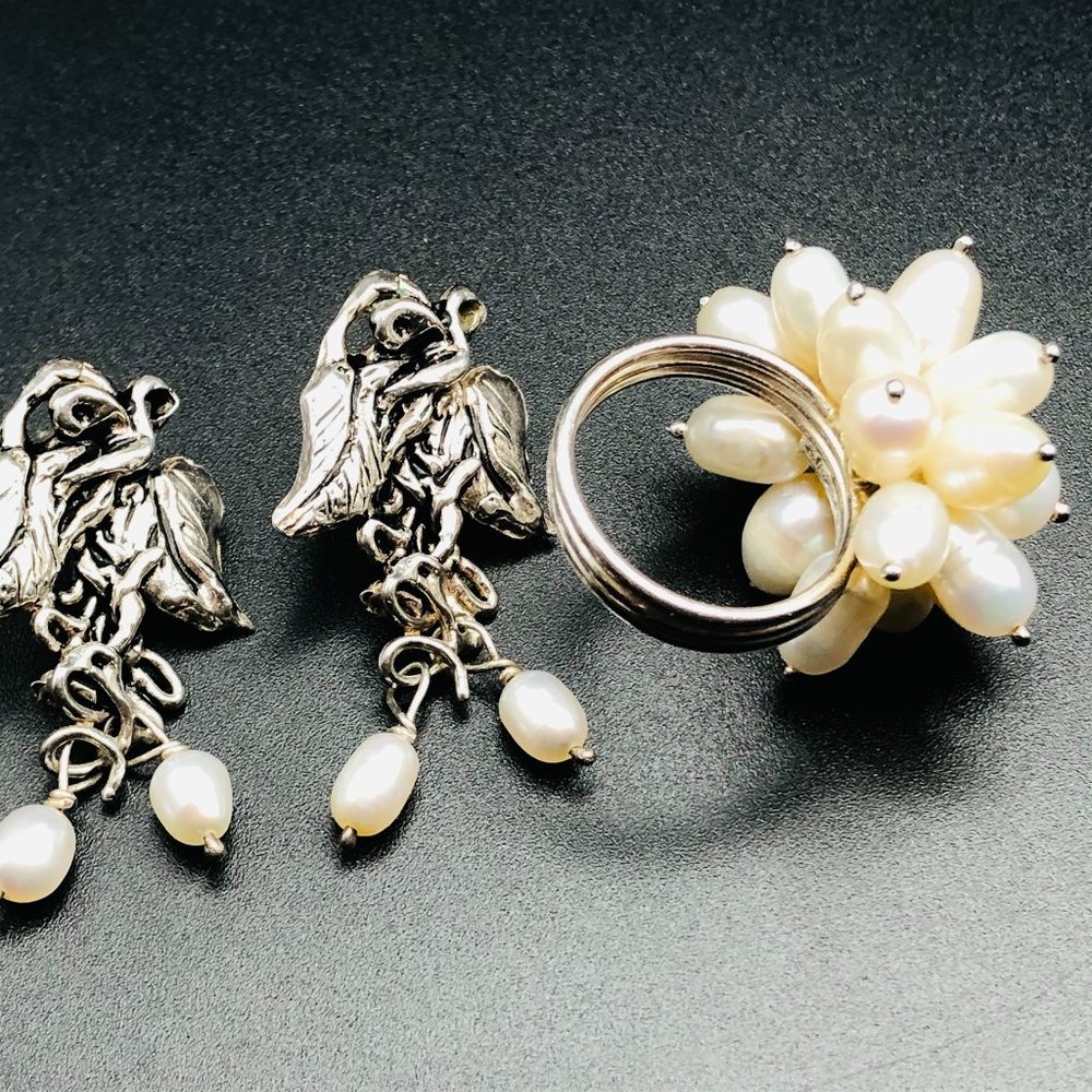 Artisan Sterling Silver Pearl Earrings & Cluster Pearl Ring Size 5 - 18.2 Grams